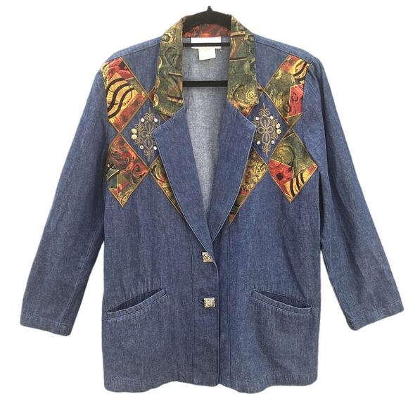 Cache | Women's Vintage 80s Boho Western Embroidered Denim Jean Blazer Size S - Picture 1 of 8